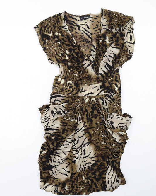 Warehouse Womens Brown Animal Print Silk A-Line Size 10 V-Neck Zip - Leopard Tiger Pattern