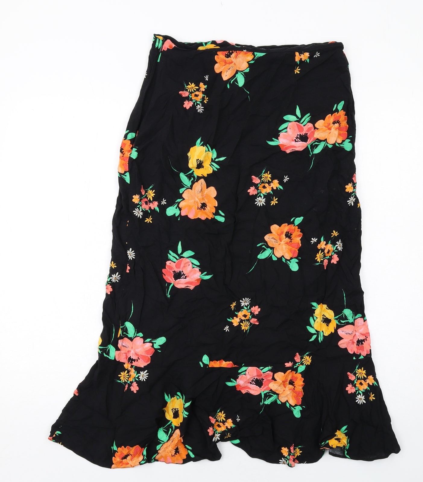 New Look Womens Black Floral Viscose Peasant Skirt Size 12 Zip
