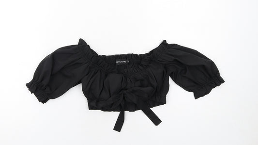 PRETTYLITTLETHING Womens Black Polyester Cropped Blouse Size 10 Off the Shoulder - Tie Front Detail