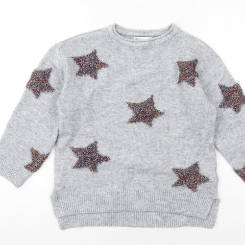Marks and Spencer Girls Grey Crew Neck Geometric Acrylic Pullover Jumper Size 9-10 Years Pullover - Stars