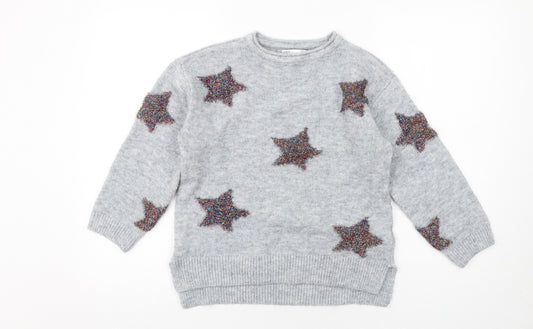 Marks and Spencer Girls Grey Crew Neck Geometric Acrylic Pullover Jumper Size 9-10 Years Pullover - Stars