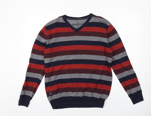 RJR.John Rocha Mens Multicoloured V-Neck Striped Cotton Pullover Jumper Size M Long Sleeve