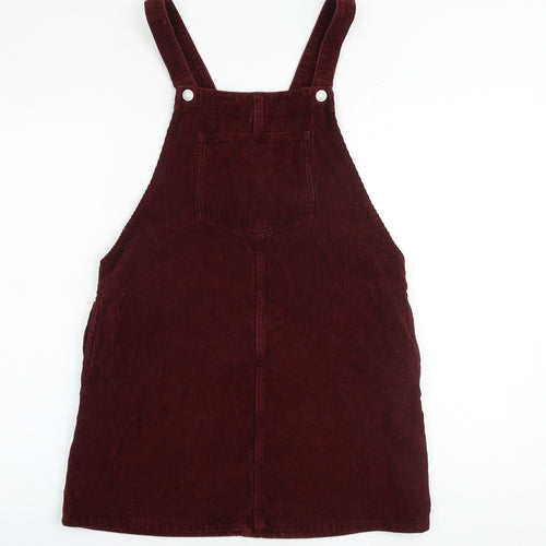 Topshop Womens Red 100% Cotton Pinafore/Dungaree Dress Size 10 Square Neck Buckle