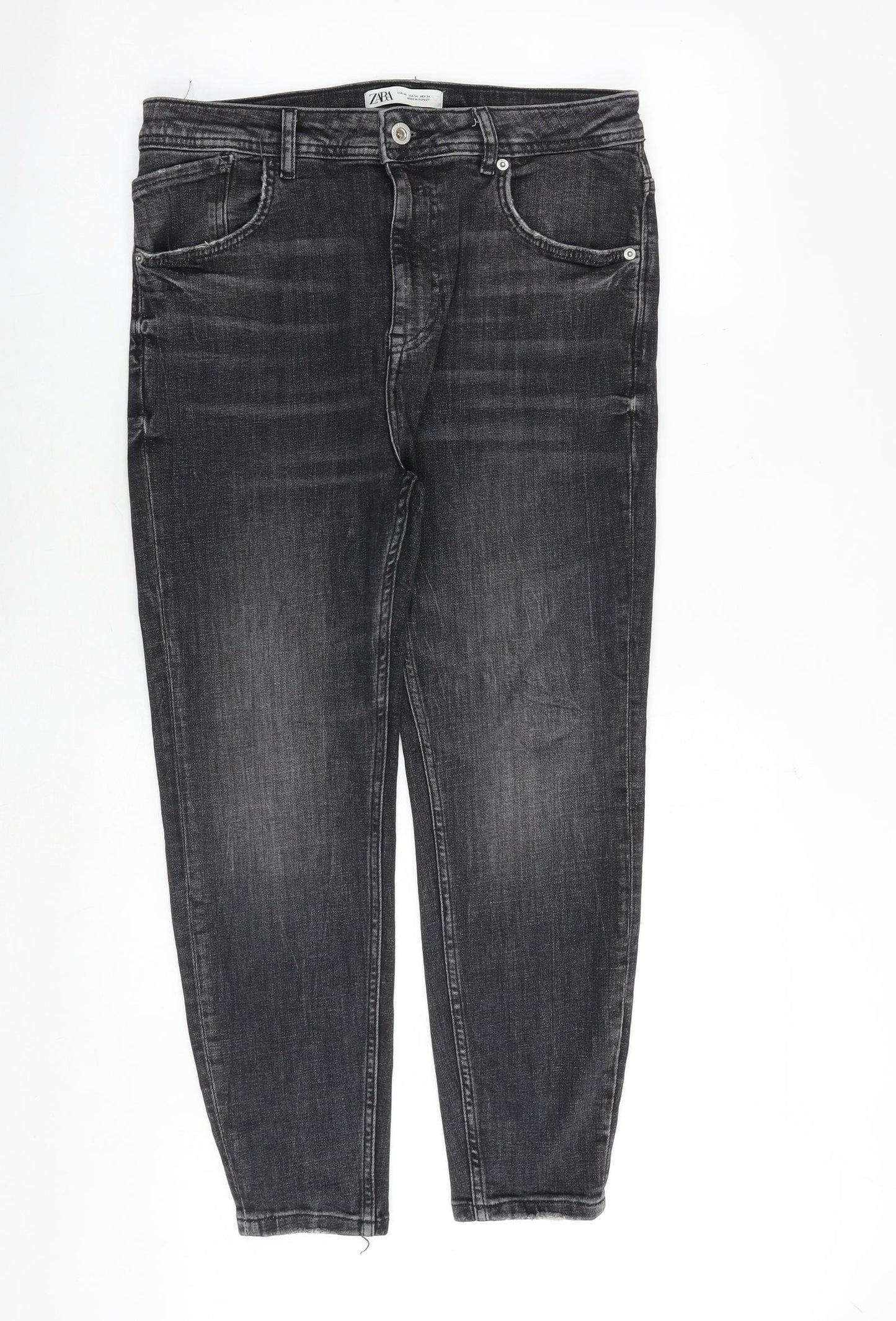 Zara Womens Grey Cotton Boyfriend Jeans Size 14 Regular Zip