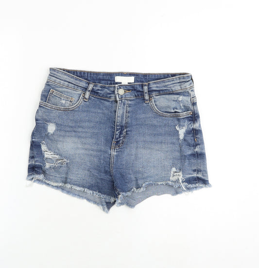 H&M Womens Blue Cotton Hot Pants Shorts Size 10 Regular Zip - Distressed