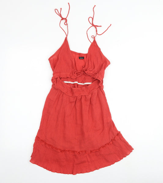 Boohoo Womens Red 100% Cotton Slip Dress Size L V-Neck Tie