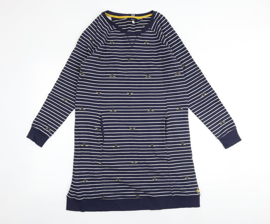 Joules Womens Blue Striped 100% Cotton Jumper Dress Size 12 Round Neck Pullover - Bumble bee pattern