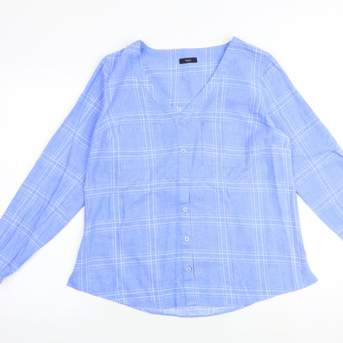 M&Co Womens Blue Plaid Linen Basic Button-Up Size 12 V-Neck