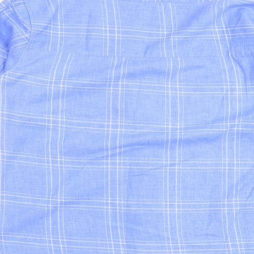 M&Co Womens Blue Plaid Linen Basic Button-Up Size 12 V-Neck