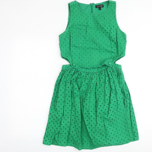 Topshop Womens Green Geometric 100% Cotton Skater Dress Size 10 Round Neck Zip