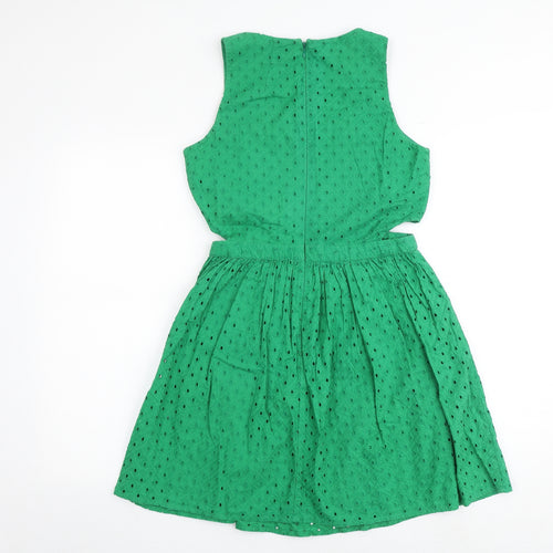 Topshop Womens Green Geometric 100% Cotton Skater Dress Size 10 Round Neck Zip