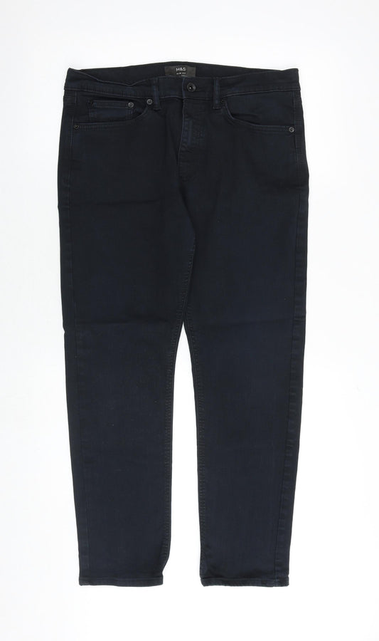 Marks and Spencer Mens Black Cotton Straight Jeans Size 34 in L29 in Slim Zip