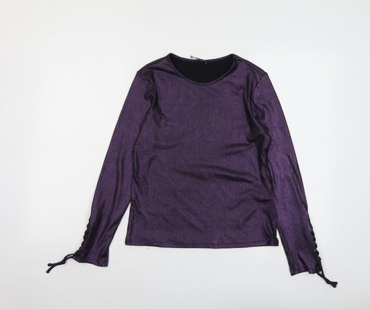 Marks and Spencer Womens Purple Polyester Basic Blouse Size 12 Boat Neck - Metallic Lace Up Sleeves