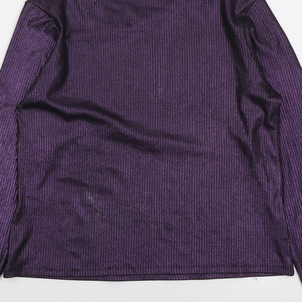 Marks and Spencer Womens Purple Polyester Basic Blouse Size 12 Boat Neck - Metallic Lace Up Sleeves