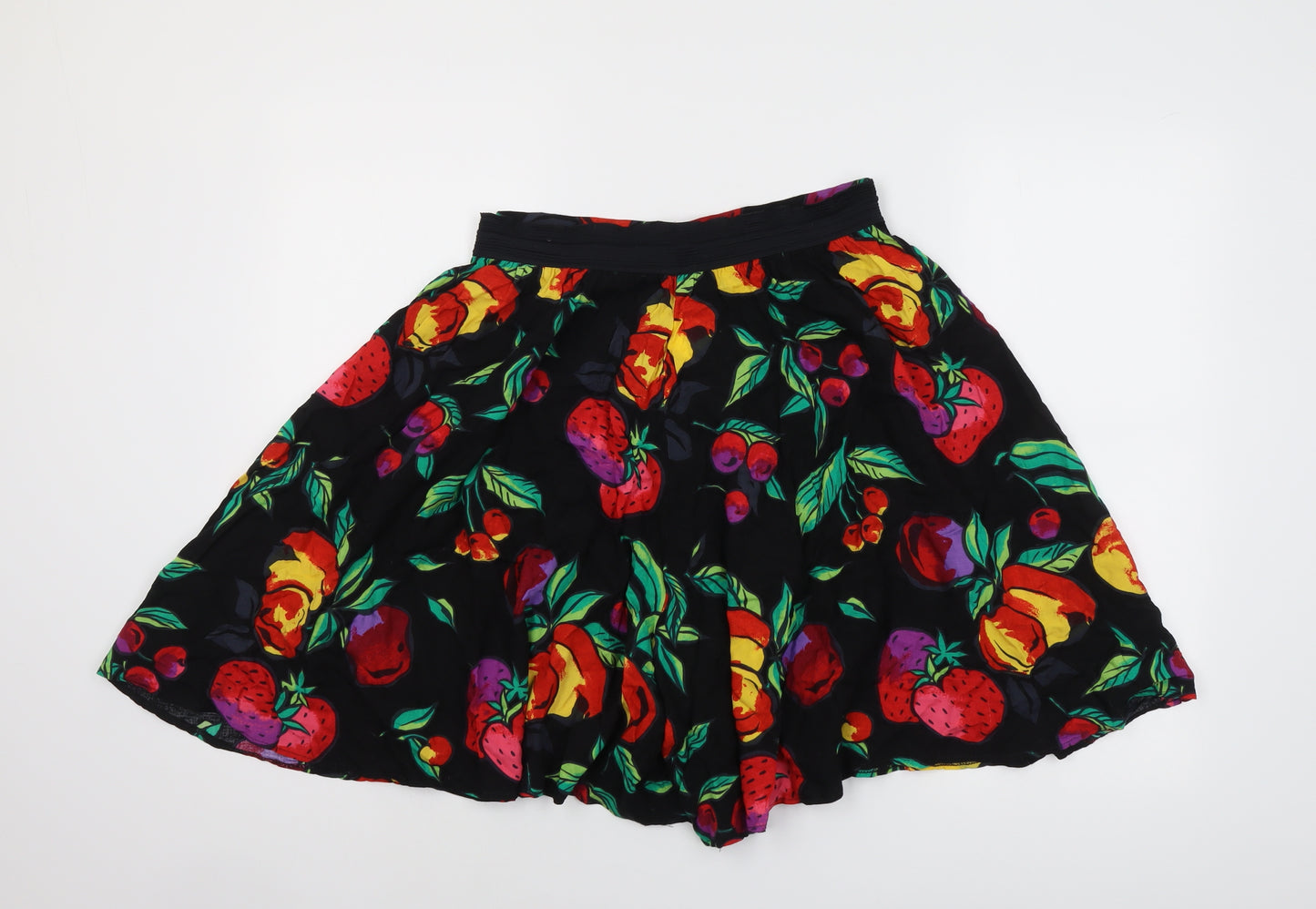 Marks and Spencer Womens Black Geometric Viscose Skater Skirt Size 12 - Fruit Pattern