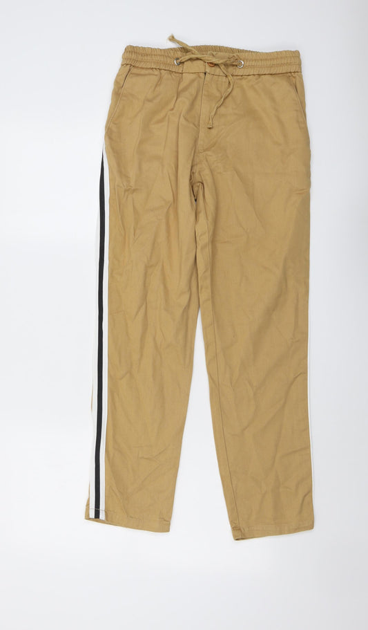 Boohoo Mens Beige Cotton Jogger Trousers Size 28 in L28 in Regular Button - Side Stripe Detail