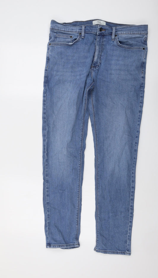 Marks and Spencer Mens Blue Cotton Straight Jeans Size 34 in L31 in Slim Button