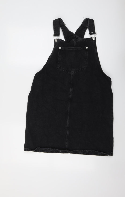New Look Womens Black Cotton Pinafore/Dungaree Dress Size 14 Square Neck Buckle