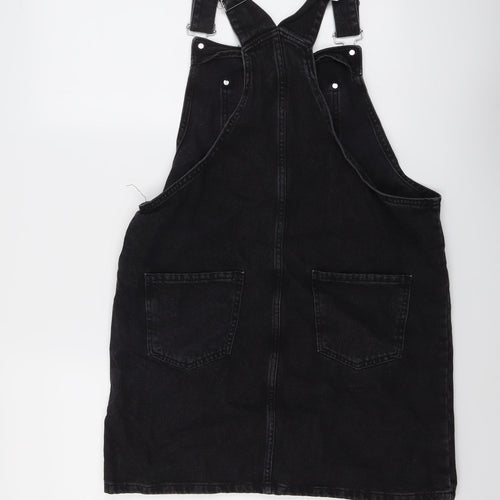 New Look Womens Black Cotton Pinafore/Dungaree Dress Size 14 Square Neck Buckle