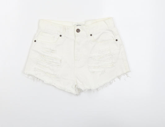 FOREVER 21 Womens White Cotton Hot Pants Shorts Size 25 in L3 in Regular Button - Distressed