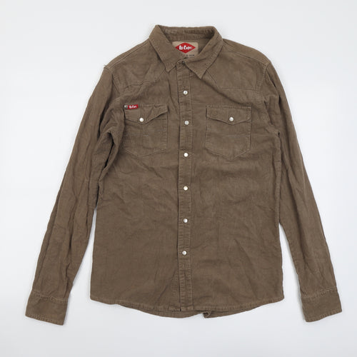 Lee Cooper Mens Brown Cotton Button-Up Size M Collared Snap