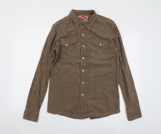 Lee Cooper Mens Brown Cotton Button-Up Size M Collared Snap