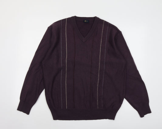 Gabicci Mens Purple V-Neck Acrylic Pullover Jumper Size L Long Sleeve