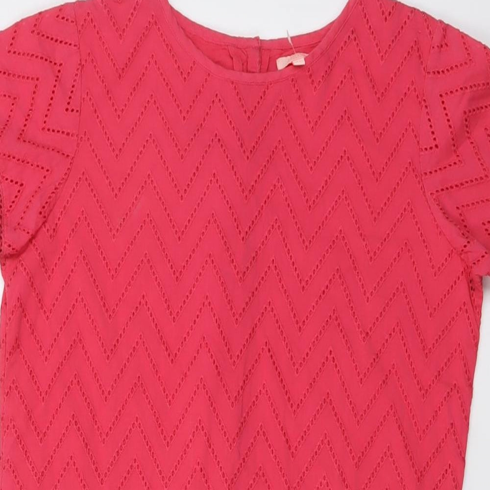 Jigsaw Girls Pink Cotton T-Shirt Dress Size 12-13 Years Boat Neck Button - Cutwork Embroidery