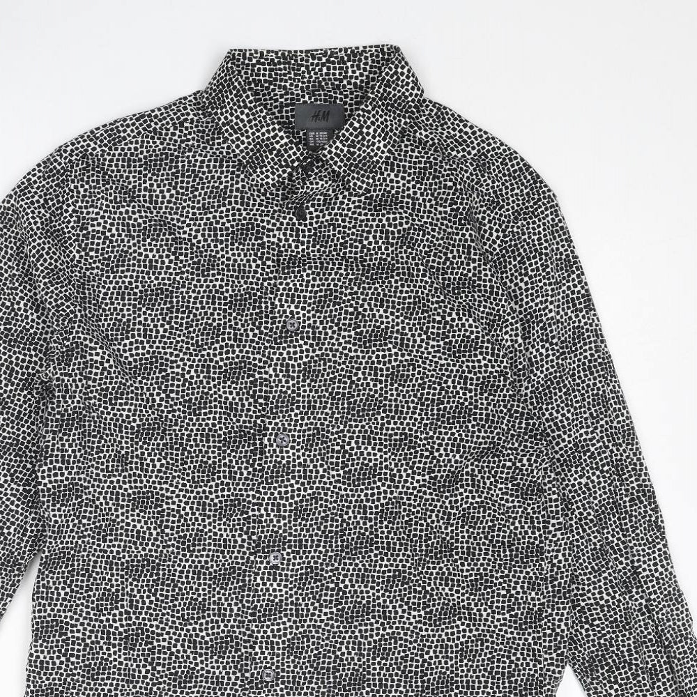 H&M Mens Black Geometric Cotton Button-Up Size M Collared Button