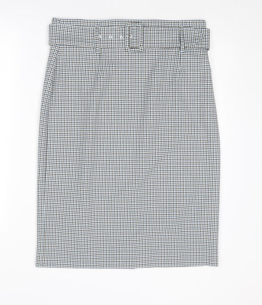Marks and Spencer Womens Blue Geometric Polyester Straight & Pencil Skirt Size 14 Zip - Houndstooth pattern
