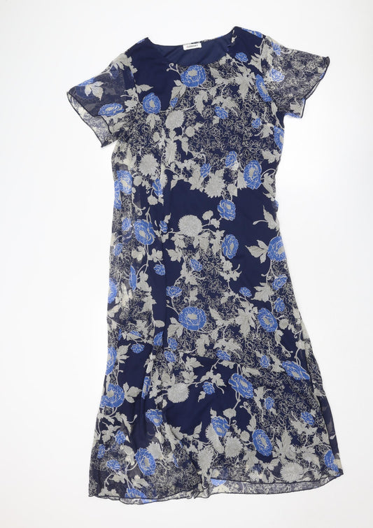 Damart Womens Blue Floral Polyester Sheath Size 16 Round Neck Pullover
