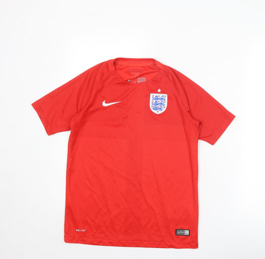 Nike Boys Red Striped Polyester Basic T-Shirt Size 12-13 Years Round Neck Pullover - England FC 2014