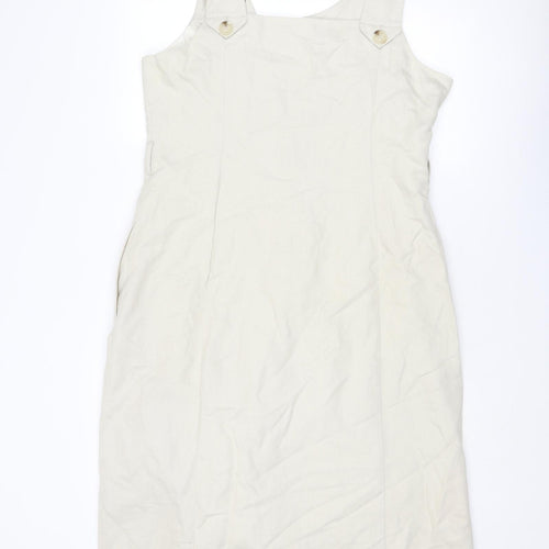 Marks and Spencer Womens Beige Linen Pinafore/Dungaree Dress Size 14 V-Neck Button