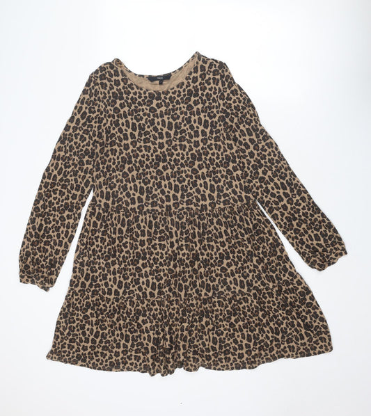 NEXT Womens Brown Animal Print Viscose Skater Dress Size S Round Neck Pullover - Leopard pattern