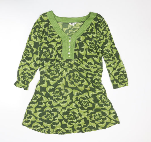M&Co Womens Green Floral Viscose A-Line Size L V-Neck Button