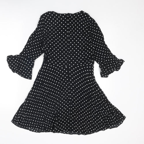 New Look Womens Black Polka Dot Viscose Fit & Flare Size 8 Round Neck Zip