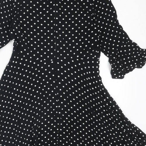 New Look Womens Black Polka Dot Viscose Fit & Flare Size 8 Round Neck Zip