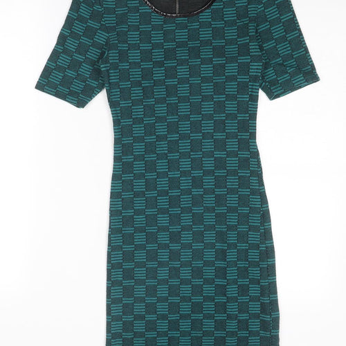 Topshop Womens Green Check Polyester A-Line Size 8 Round Neck Zip