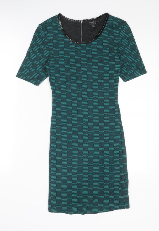 Topshop Womens Green Check Polyester A-Line Size 8 Round Neck Zip