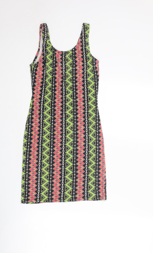 H&M Womens Multicoloured Geometric Cotton Bodycon Size 8 Round Neck Pullover