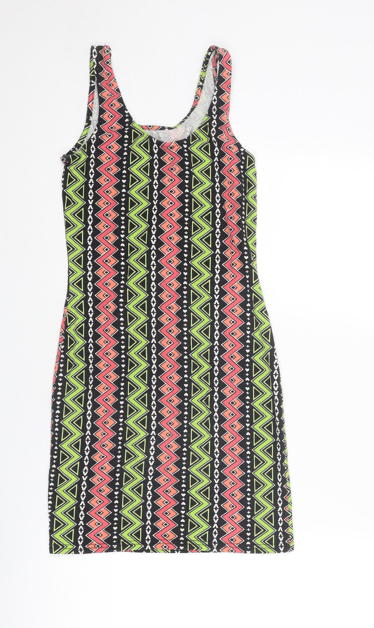 H&M Womens Multicoloured Geometric Cotton Bodycon Size 8 Round Neck Pullover