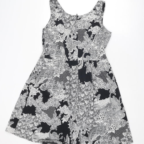 Evans Womens Black Geometric Cotton Tank Dress Size 16 V-Neck Zip