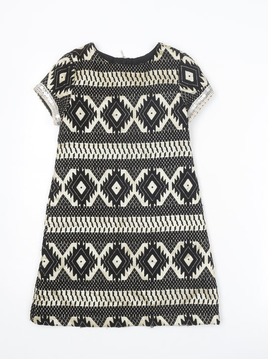 Aphorism Girls Black Geometric Polyester A-Line Size 7-8 Years Boat Neck Zip
