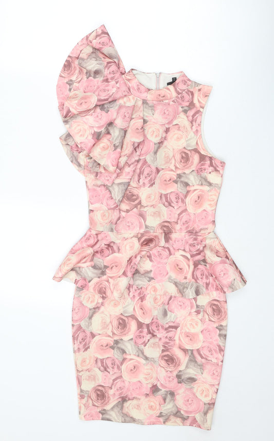 River Island Womens Pink Floral Polyester Bodycon Size 6 One Shoulder Zip