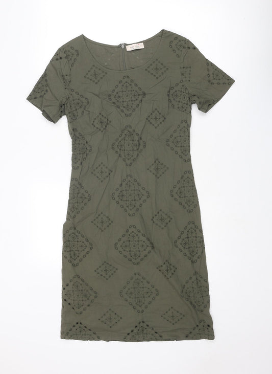 Per Una Womens Green Cotton T-Shirt Dress Size 8 Boat Neck Zip - Broderie Anglaise