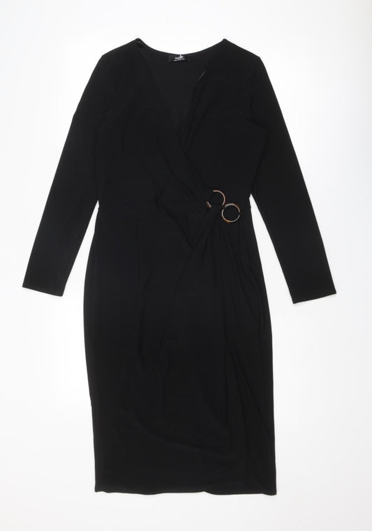 Wallis Womens Black Polyester Sheath Size 10 V-Neck Pullover - Wrap Style