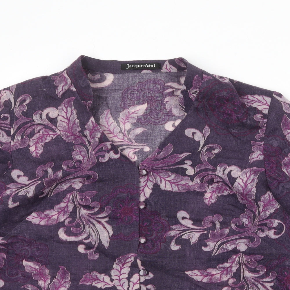 Jacques Vert Womens Purple Geometric Wool Basic Button-Up Size 14 V-Neck