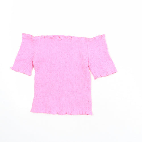 H&M Womens Pink Cotton Cropped Blouse Size S Off the Shoulder - Shirred
