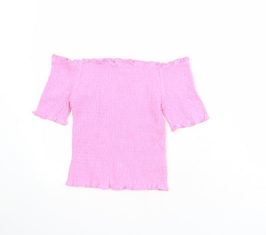 H&M Womens Pink Cotton Cropped Blouse Size S Off the Shoulder - Shirred