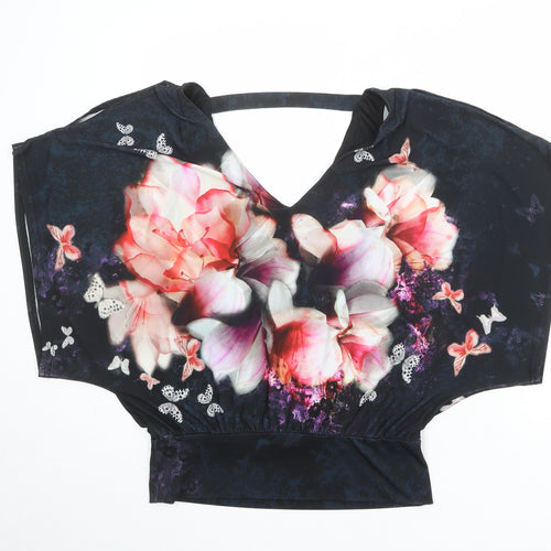 Wallis Womens Black Floral Polyester Basic Blouse Size 10 V-Neck